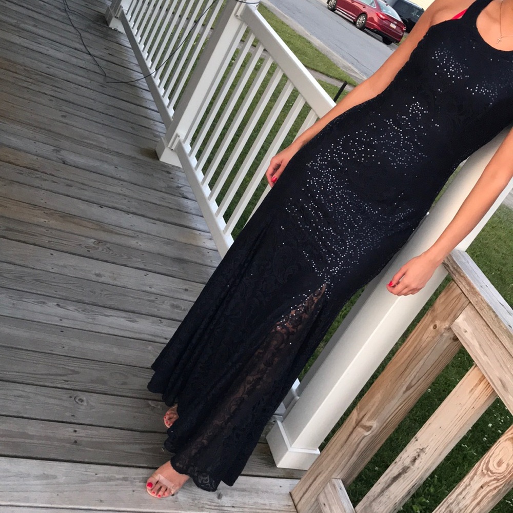 Blue sequin mesh lace prom dress